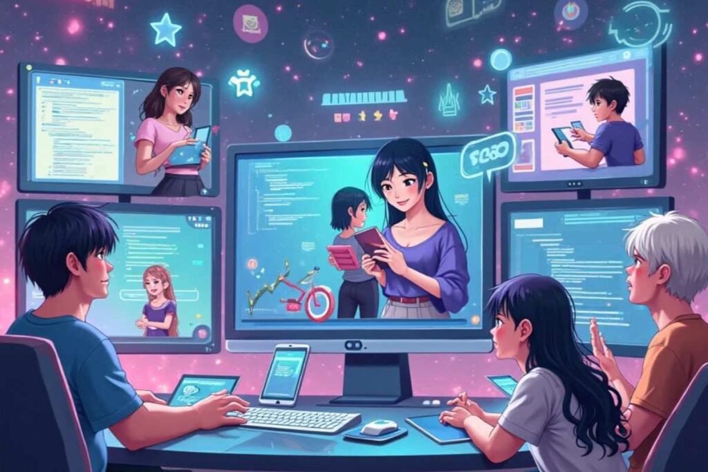 Diverse users connected via screens, likely AllTheFallen AI interface.