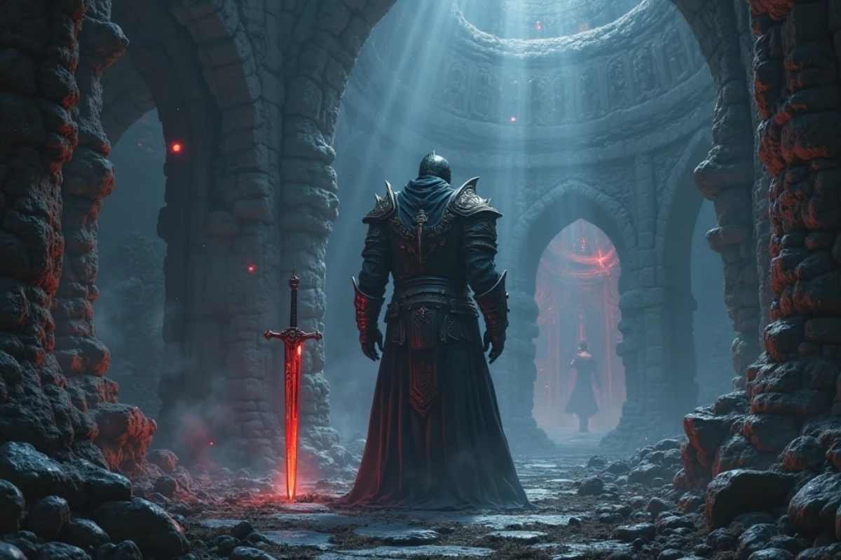 Allthefallen Skyrim mod warrior in a dungeon with undead foes