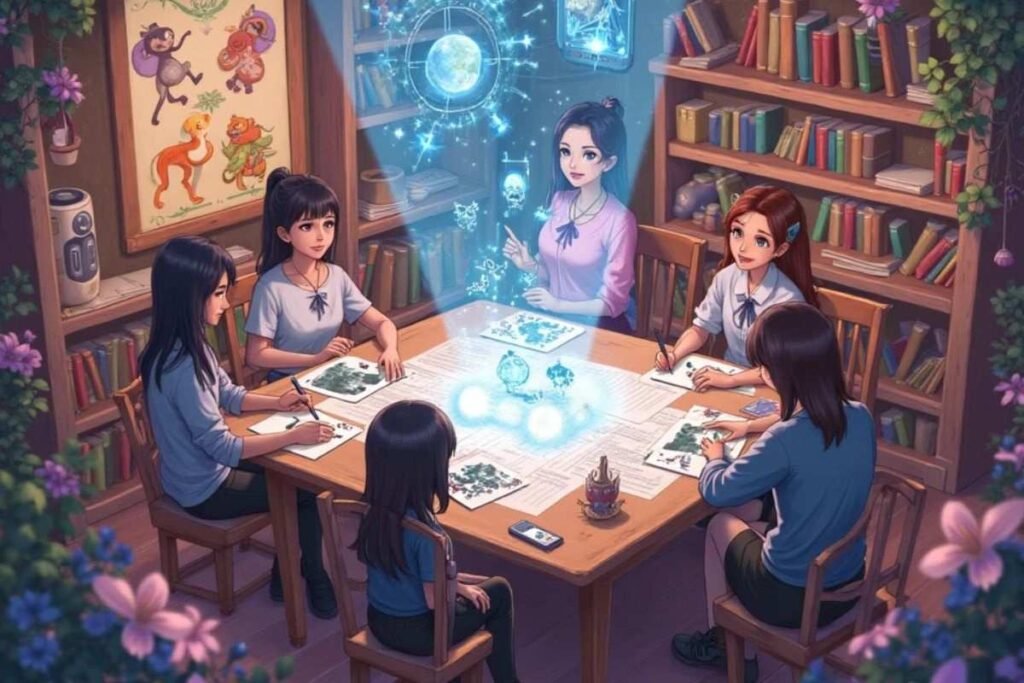 Group of girls in a magical setting, possibly using AllTheFallen AI.