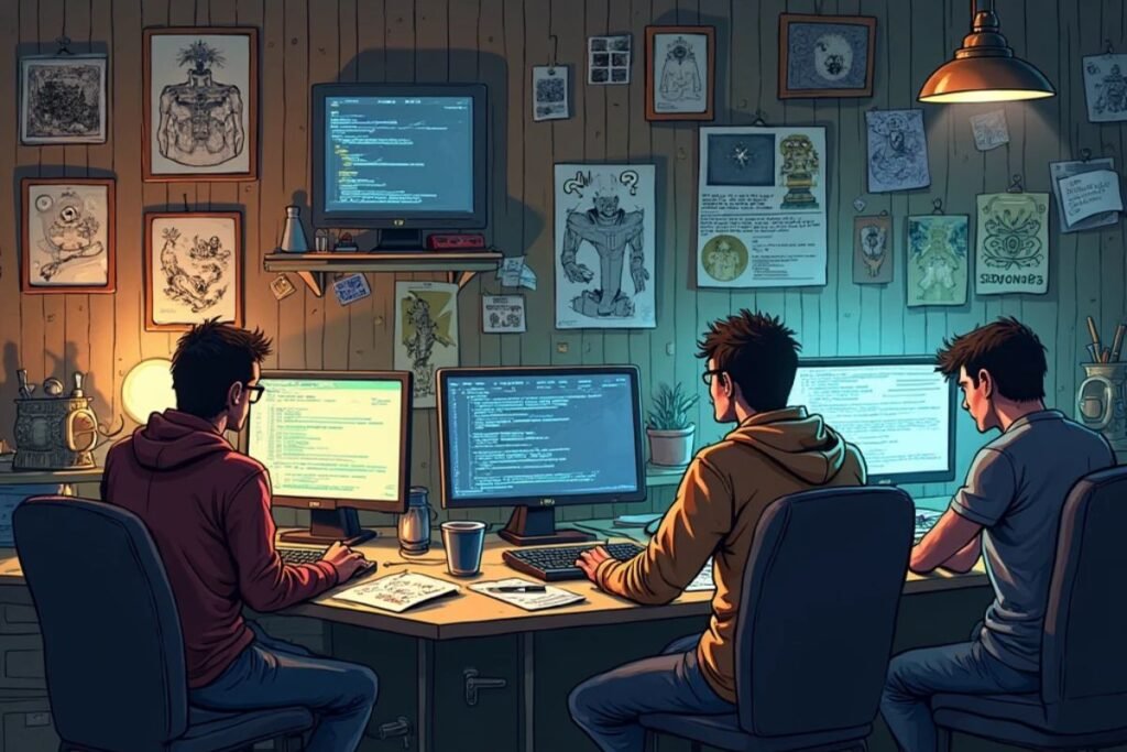 Coders focused on screens in a room, allthefallen.moe vibes.