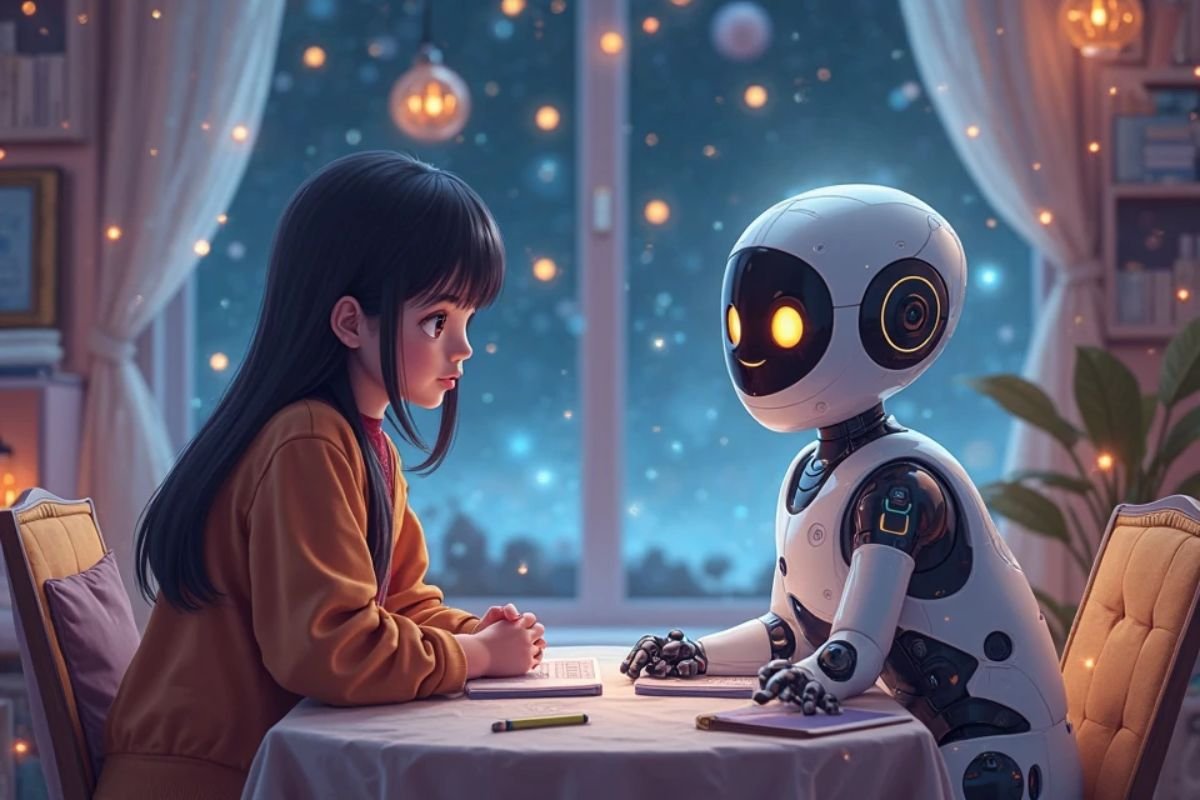 Girl and robot at table, perhaps discussing AllTheFallen AI