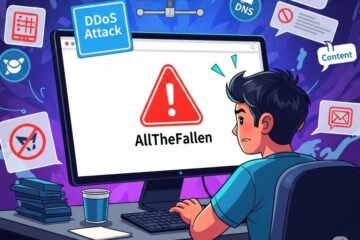 Frustrated user at computer. AllTheFallen is down. Server, DDoS, DNS, content icons.
