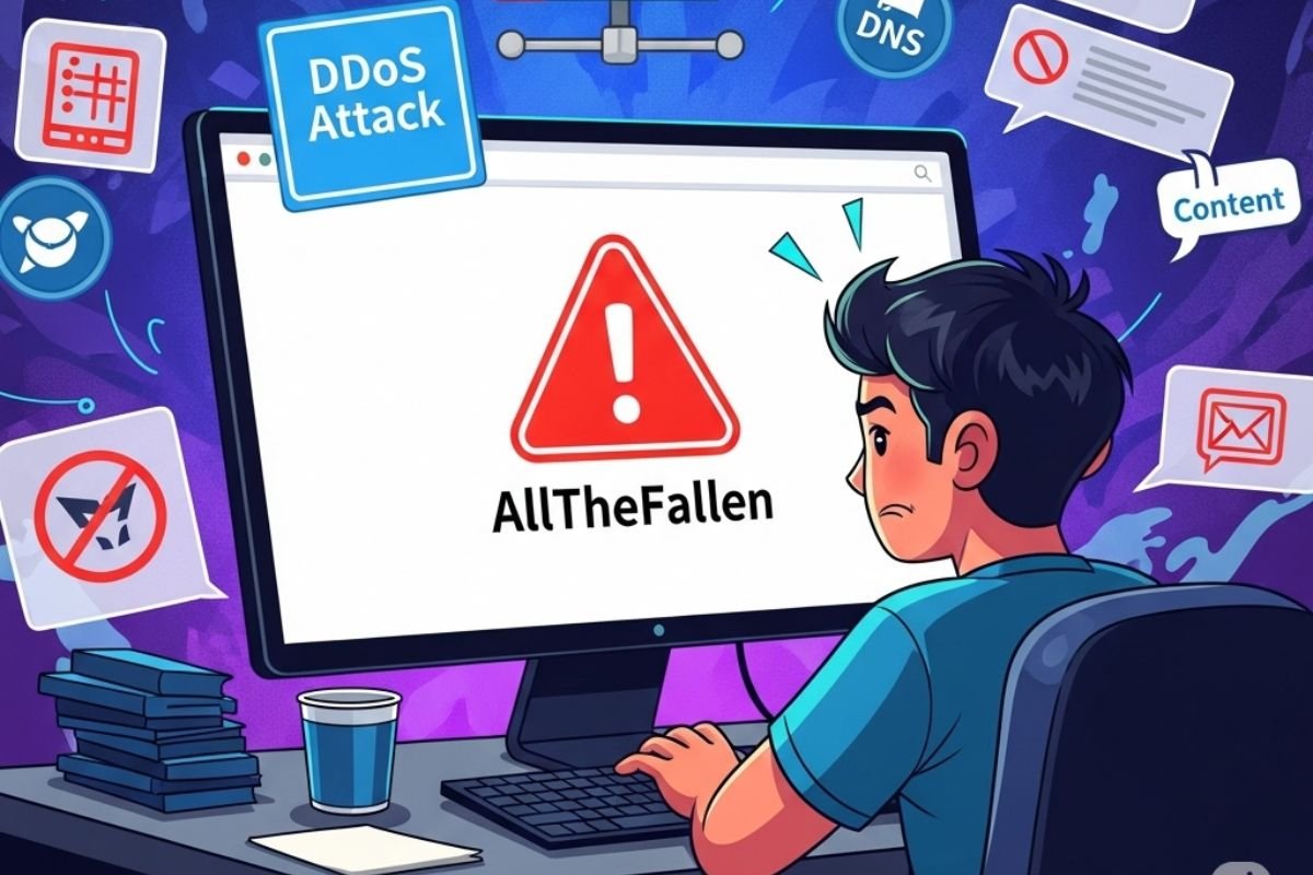 Frustrated user at computer. AllTheFallen is down. Server, DDoS, DNS, content icons.