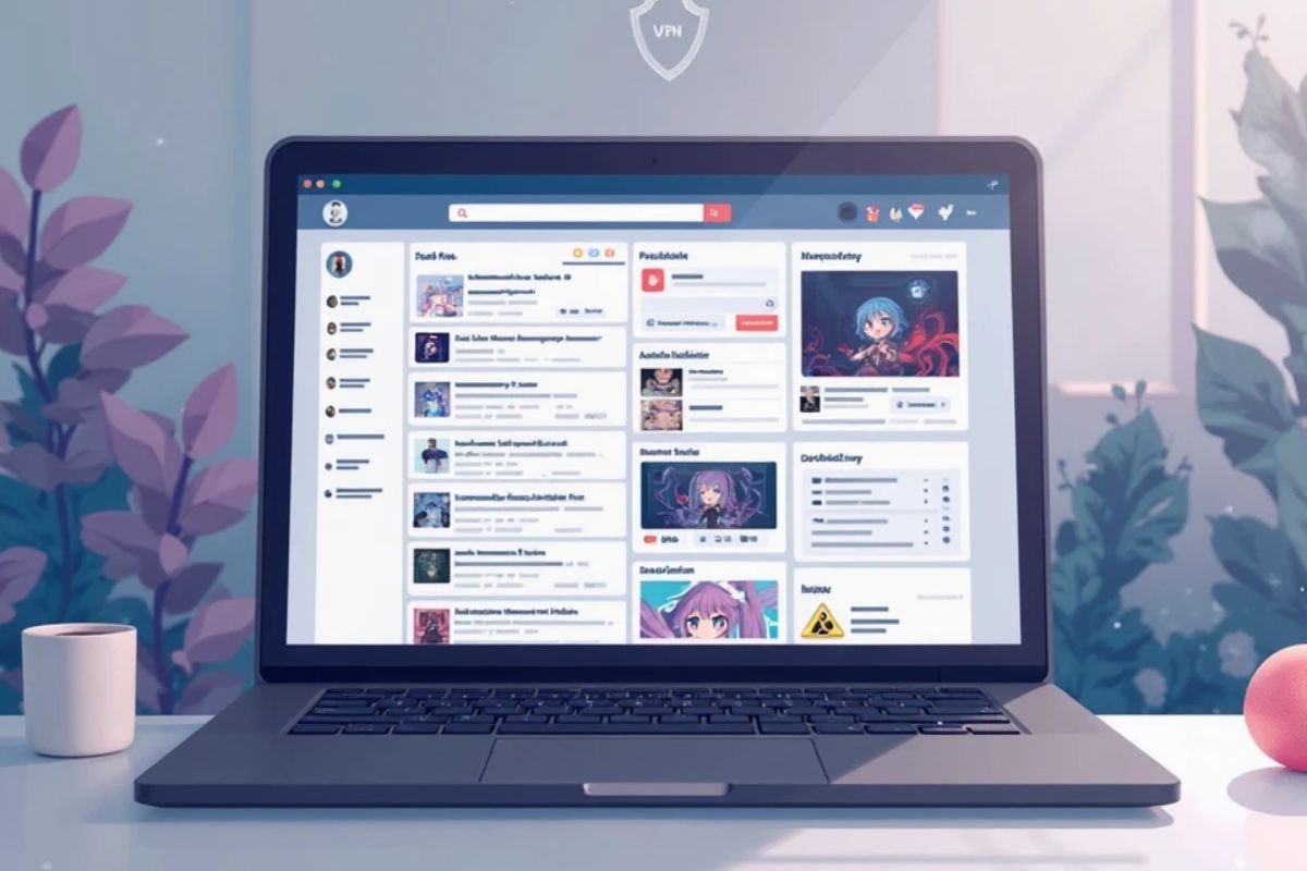 Laptop showing anime social feed with soft background