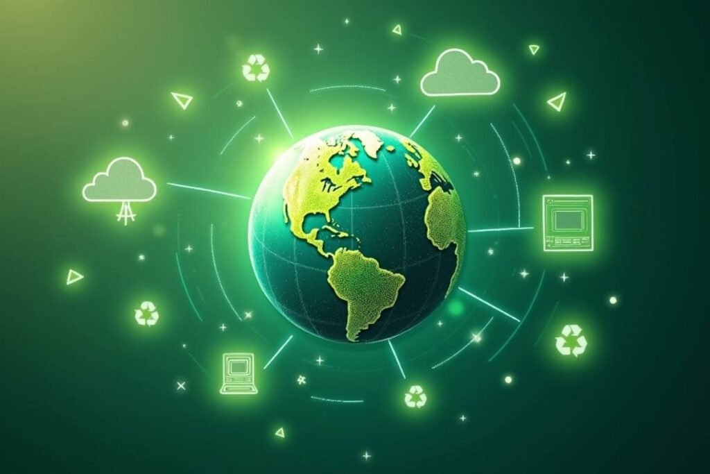 Digital earth with eco-tech symbols showing clean, sustainable technology in action.