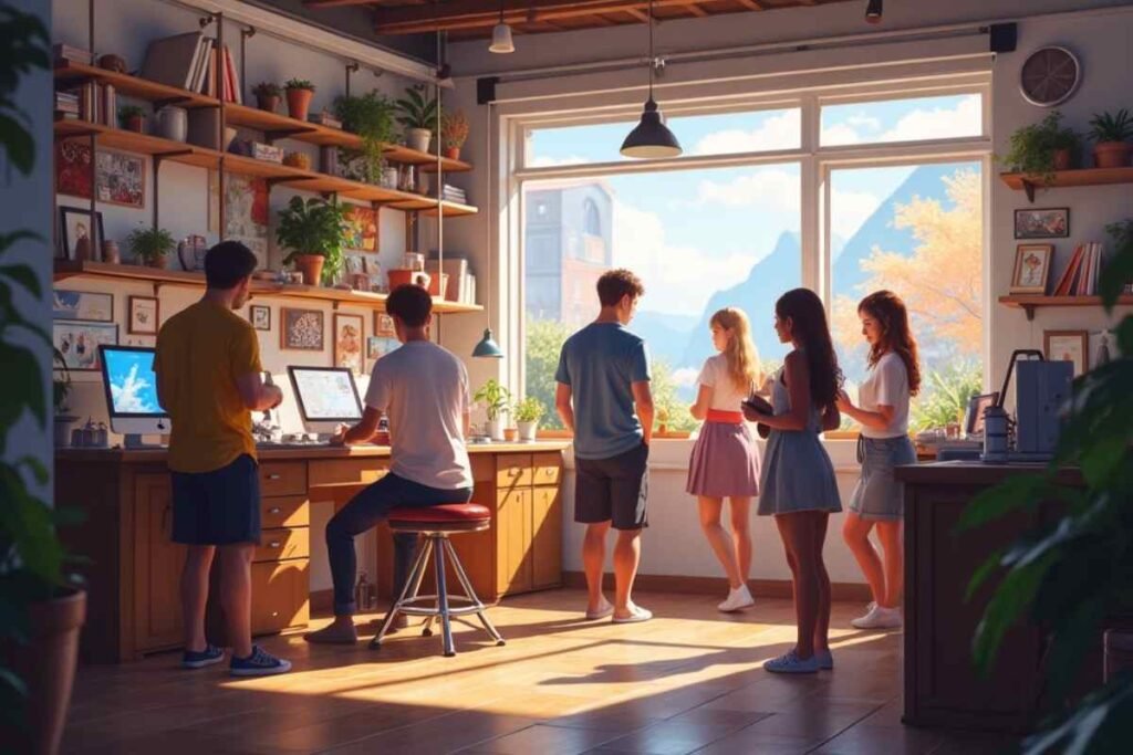 Anime fans and artists happily sharing artwork, collaborating, and learning together in a vibrant digital community.