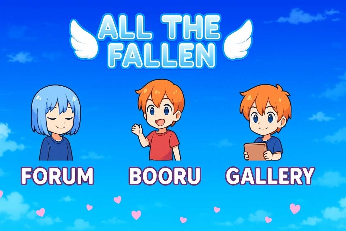 Bright anime icons: Booru, Forums, Allthefallen gallery on a vibrant blue sky.