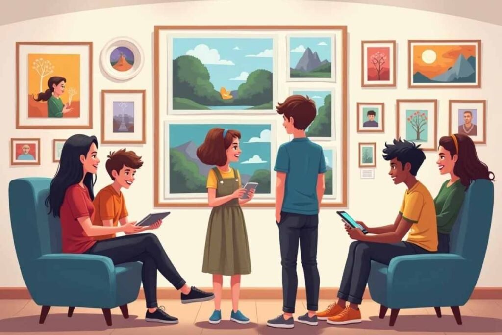 Illustration of anime style characters practicing online safety and respect, showing friendly interaction, crediting artwork and maintaining privacy.