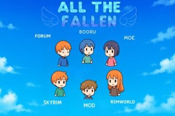A playful digital illustration showing the Allthefallen status with six chibi characters, a blue sky, and labels for forum, booru, RimWorld, moe, Skyrim and mods.