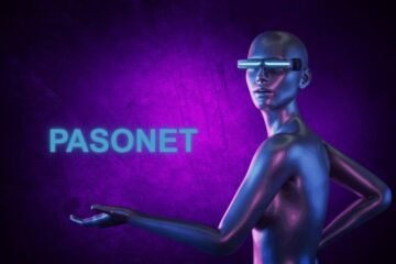 A futuristic figure presents the word PASONET.